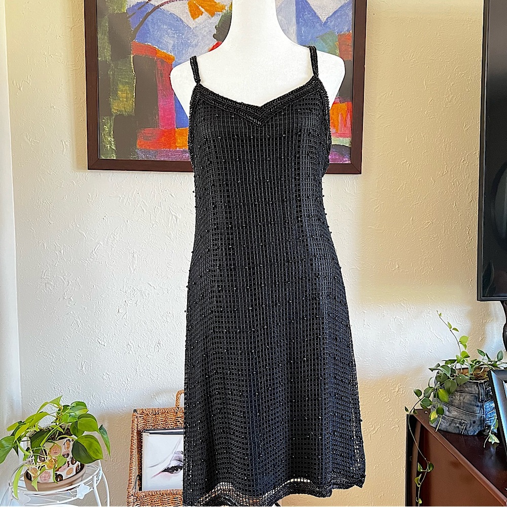 Vintage 80’s Black Beaded Silk Cocktail Dress Size Large